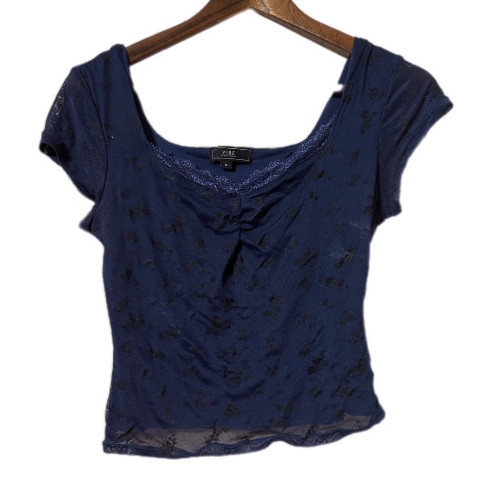 Vibe Sportswear Mesh Top Womens Small Blue Excellent Floral‎ Burnout Lace Ruched
